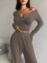 2pcs Women Casual Sports Set, Women Solid Color Camel 2-Piece Set, V-Neck Button-Up Top And Pants With Drawstring